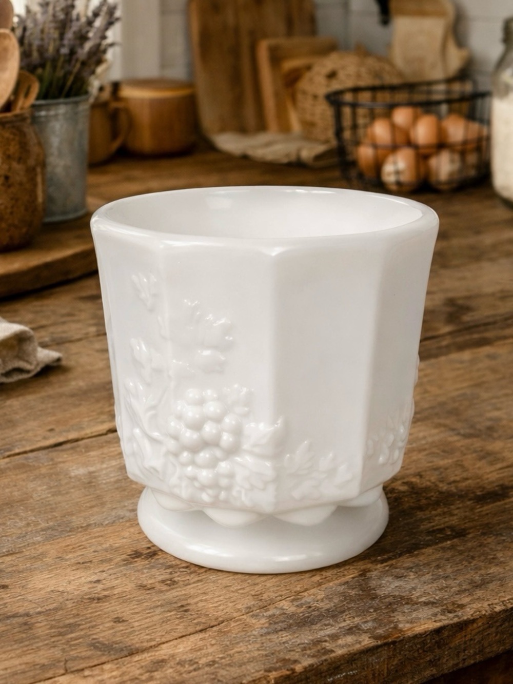 Vintage Westmoreland Paneled Grape Milk Glass Sugar Bowl
